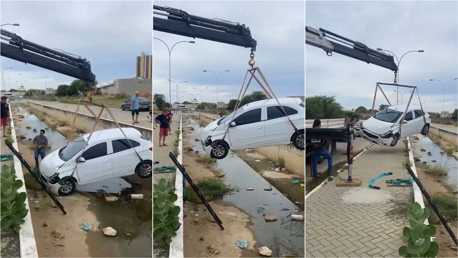 Vídeo mostra retirada de carro que caiu dentro do Canal do Novo Horizonte, em Patos; confira