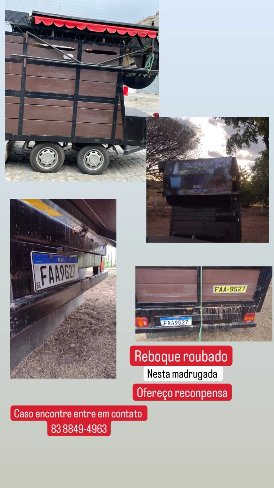 Advogado patoense tem veículo reboque furtado em sua propriedade e oferece recompensa para quem encontrar