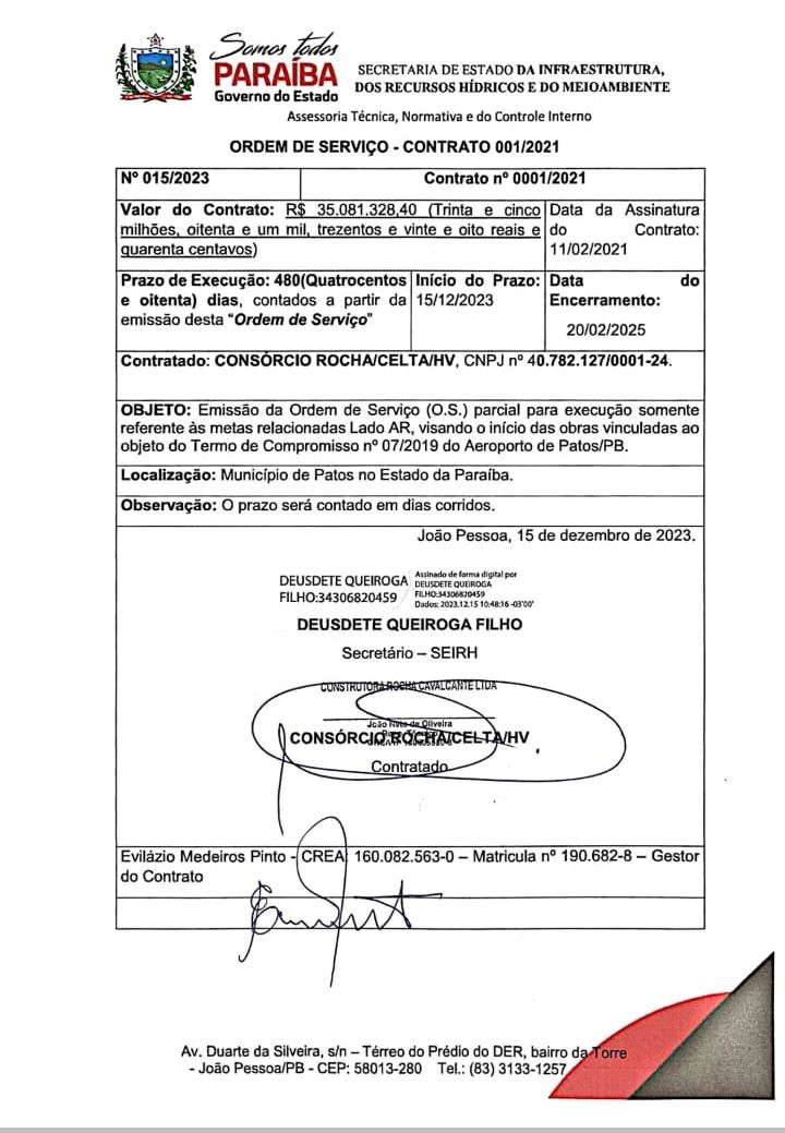 Governo da Paraíba assina Ordem de Serviço para conclusão de melhorias no Aeroporto de Patos