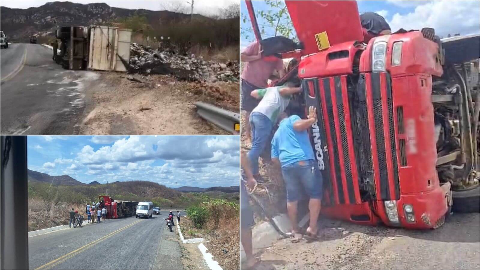 Caminhão carregado de lixo tomba na Serra do Teixeira no início da tarde desta terça (19) e motorista fica preso às ferragens; veja vídeo