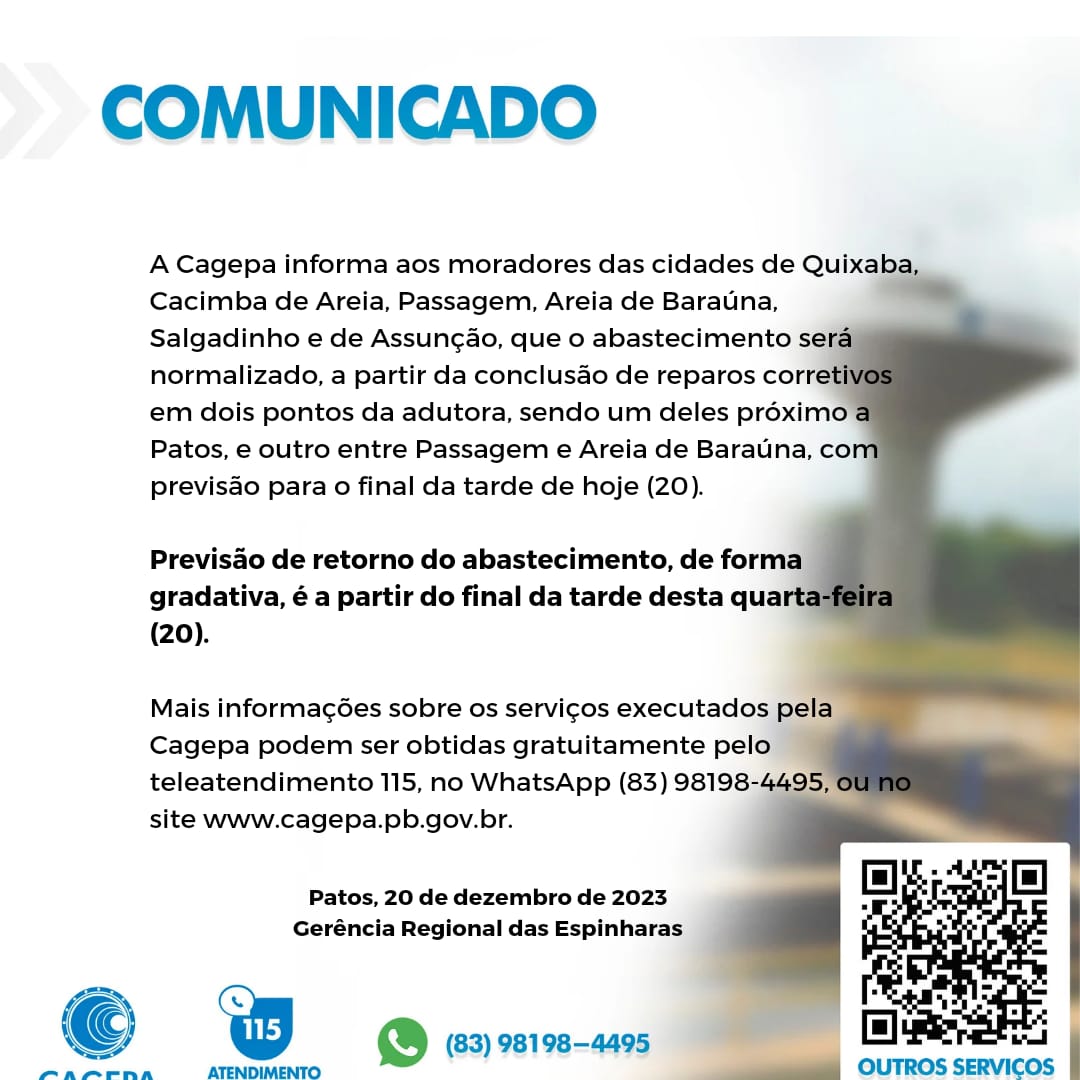 Cagepa comunica sobre interrupção no abastecimento em cidades da região para reparos corretivos na adutora