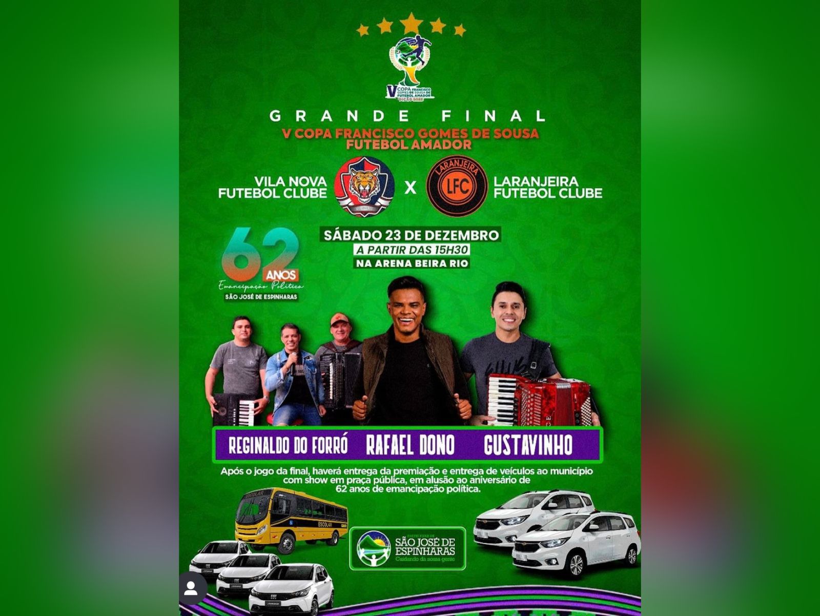 Prefeitura de São José de Espinharas promoverá entrega de veículos e show após final do Campeonato Municipal, no próximo sábado (23)