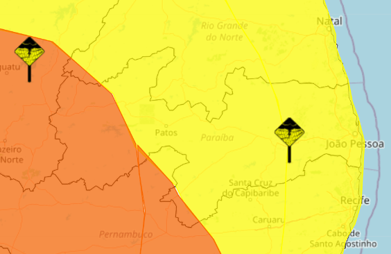 Inmet renova novamente alertas amarelo e laranja de chuvas intensas em todo o território paraibano
