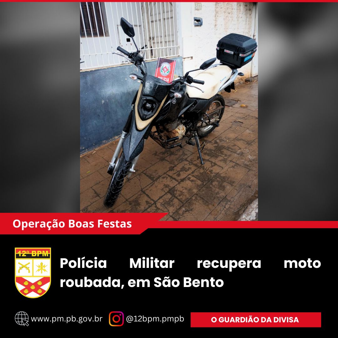 Polícia Militar recupera moto roubada, em São Bento