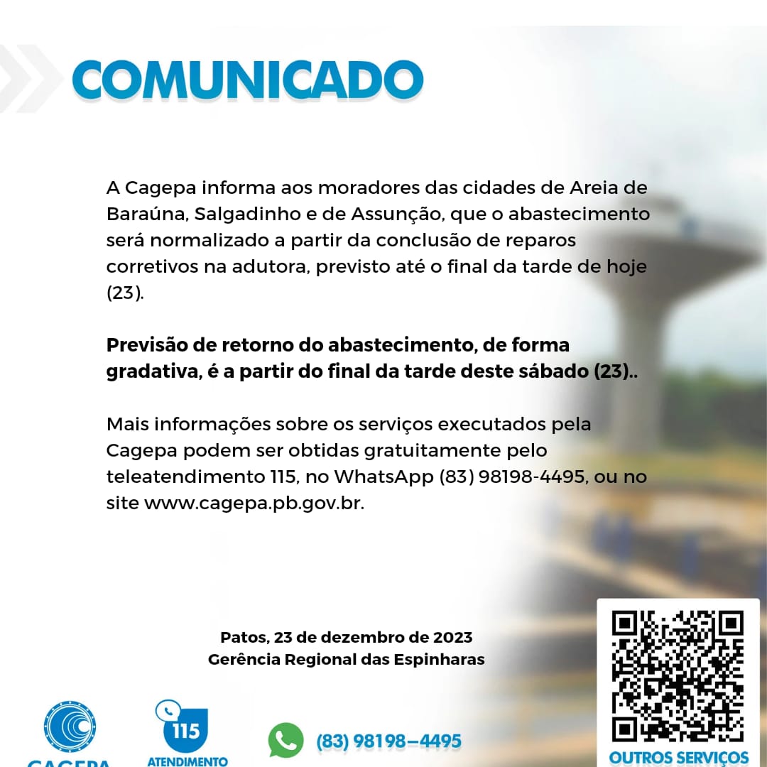 Cagepa comunica sobre prazo para retomada do abastecimento nas cidades de Areia de Baraúnas, Salgadinho e Assunção