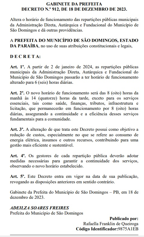 Mais um município paraibano alega crise e reduz horário de expediente para economizar recursos