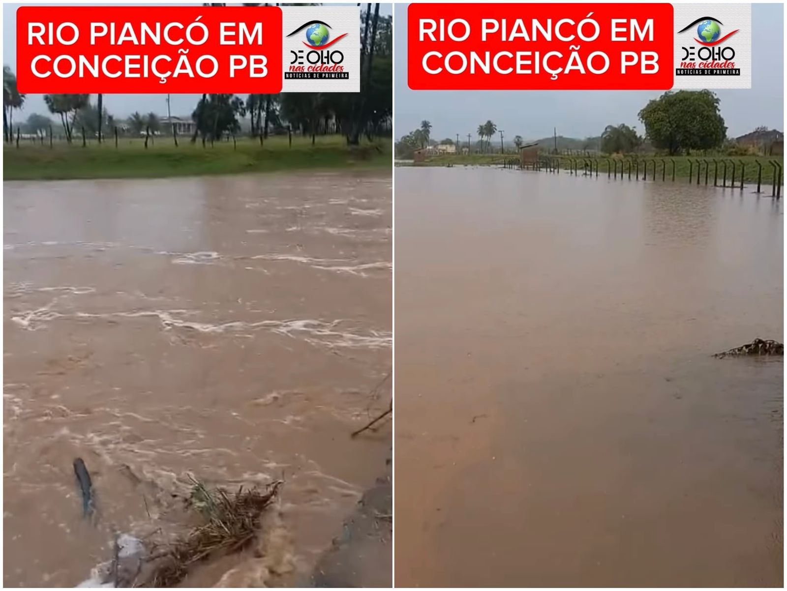 Rio Piancó registra 2ª cheia em cerca de 15 dias na madrugada desta segunda (01), após chuvas na região de Conceição