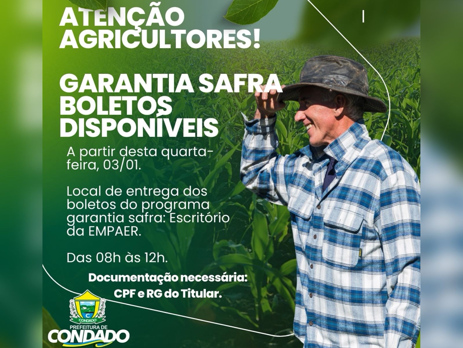 Boletos do Programa Garantia Safra 2023/2024 já estão disponíveis em Condado