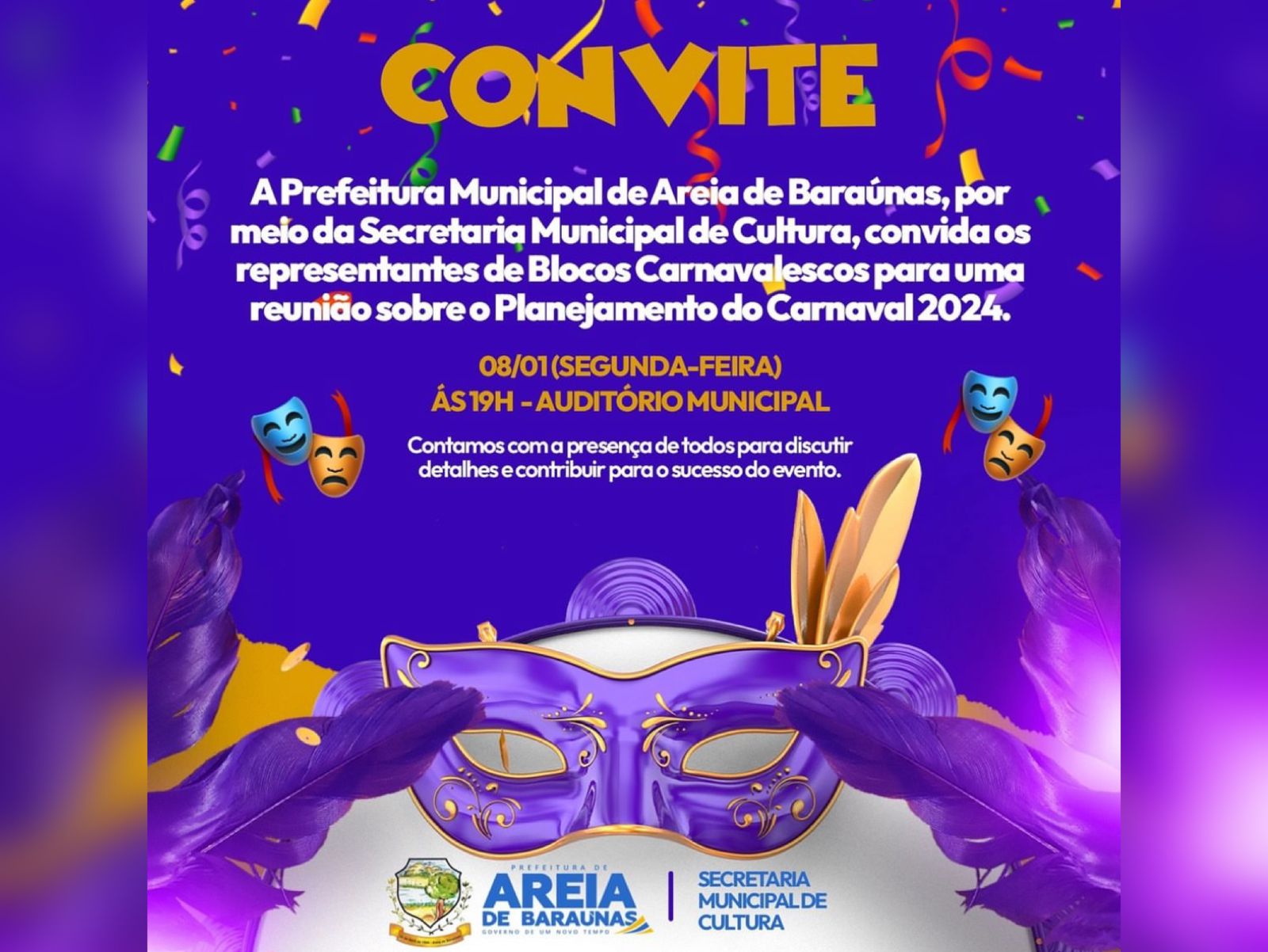 Prefeitura de Areia de Baraúnas convoca representantes de blocos carnavalescos para reunião sobre o Carnaval 2024