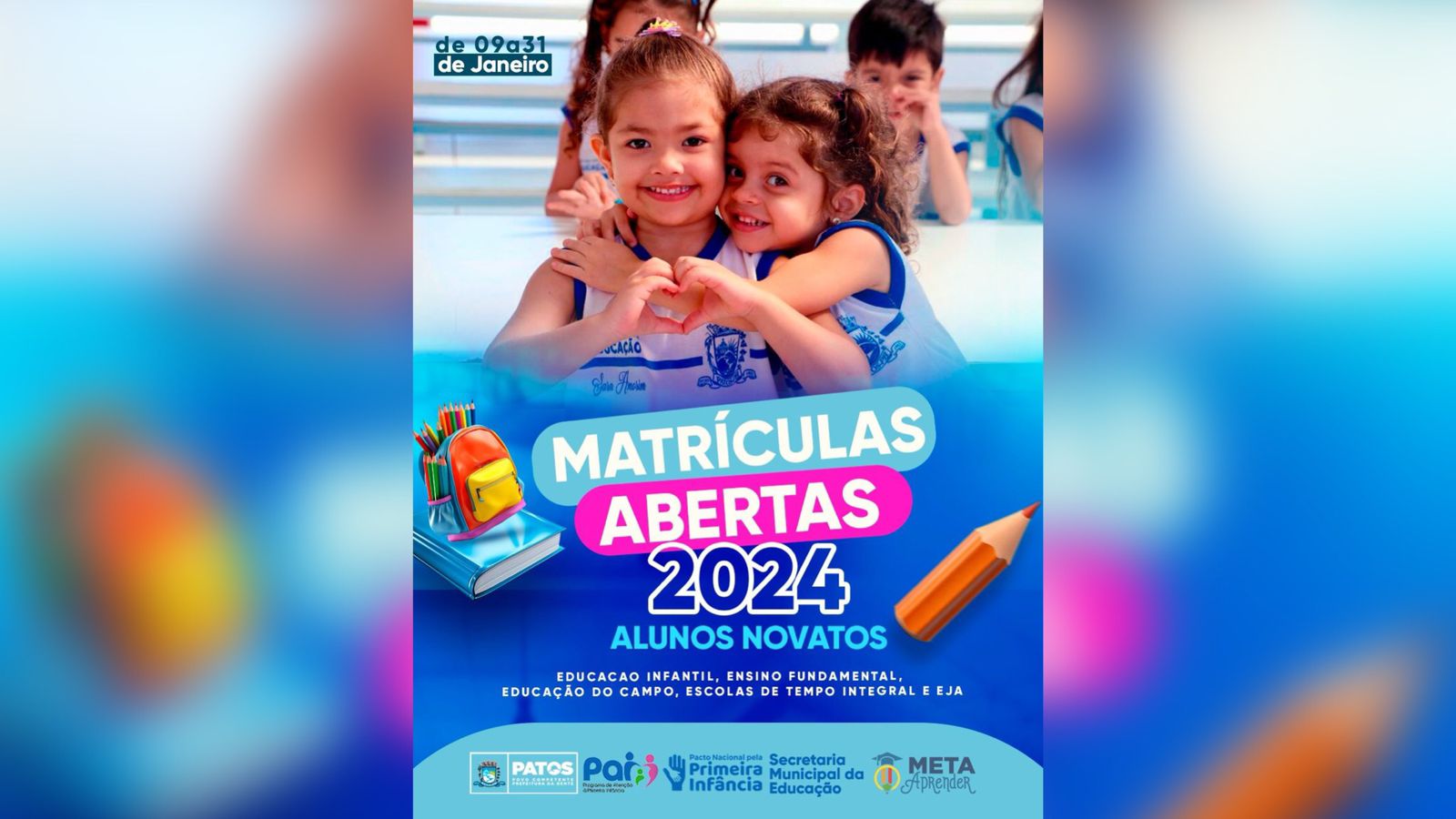 Matrículas para alunos novatos nas escolas municipais começam nesta terça, 9 de janeiro