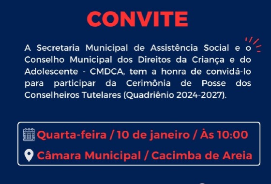 Cerimônia de Posse dos Conselheiros Tutelares de Cacimba de Areia acontece nesta quarta-feira 