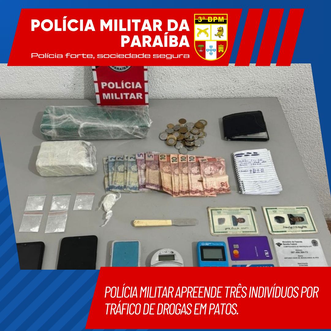 Polícia Militar apreende três indivíduos por tráfico de drogas em Patos
