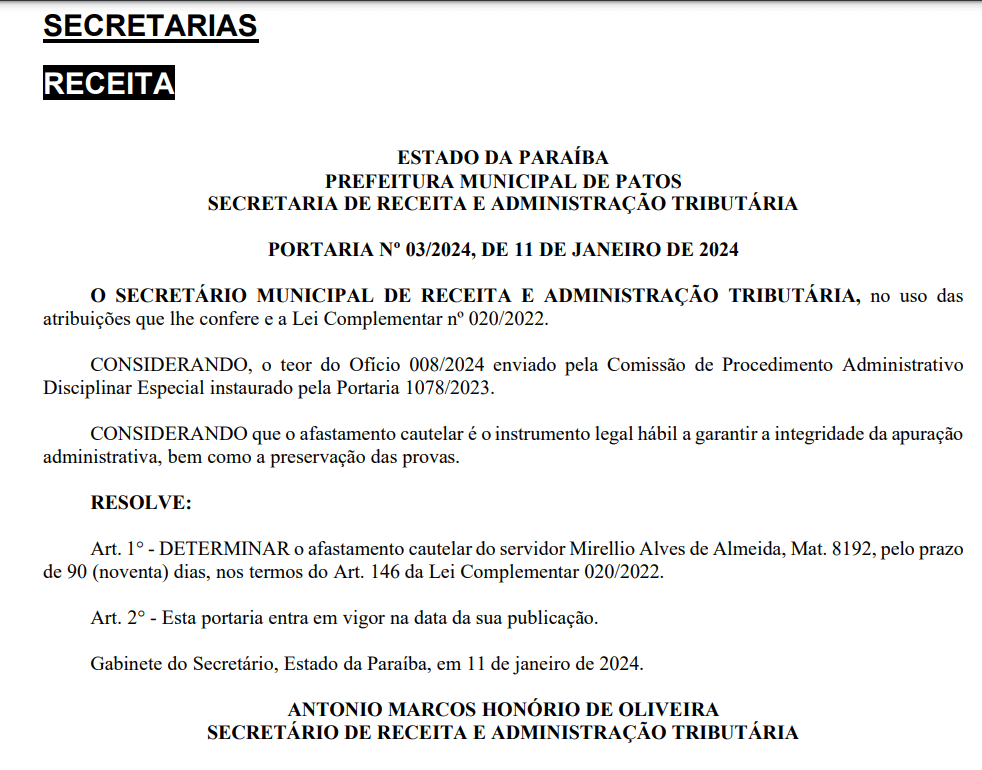 Secretário de Administração e Receita Tributária de Patos fala sobre afastamento de servidor