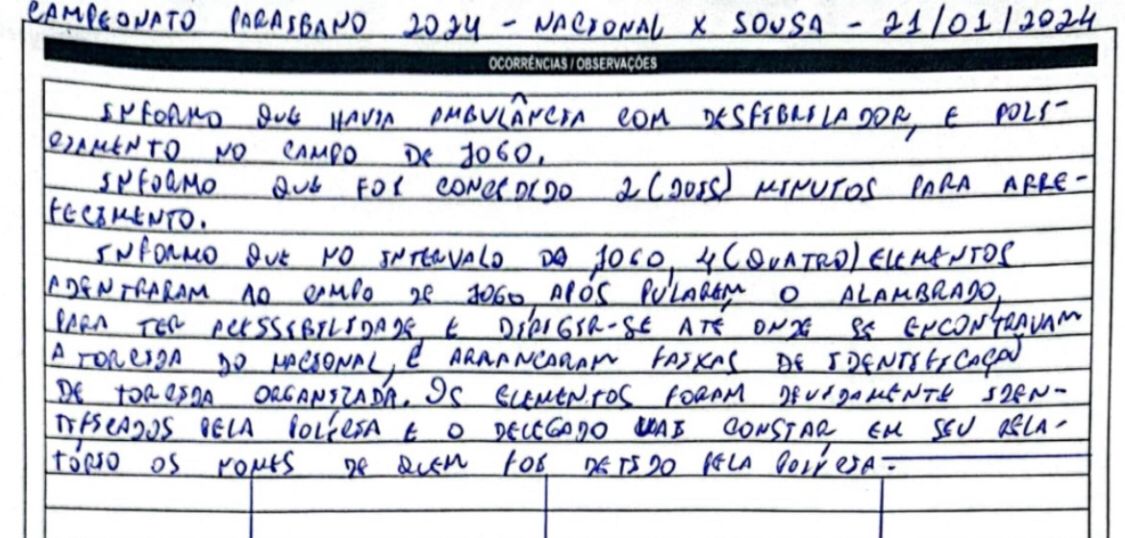 Árbitro relata invasão em súmula e Sousa pode ser punido por atitude de torcedores em partida contra o Nacional de Patos; clube emite nota