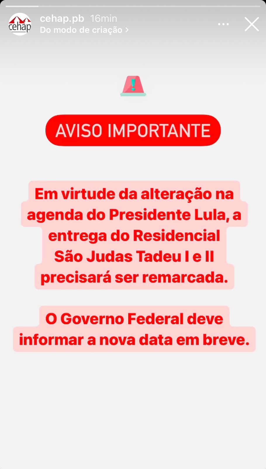 CEHAP confirma cancelamento de evento de entrega do Residencial São Judas Tadeu em Patos e diz que nova data será marcada