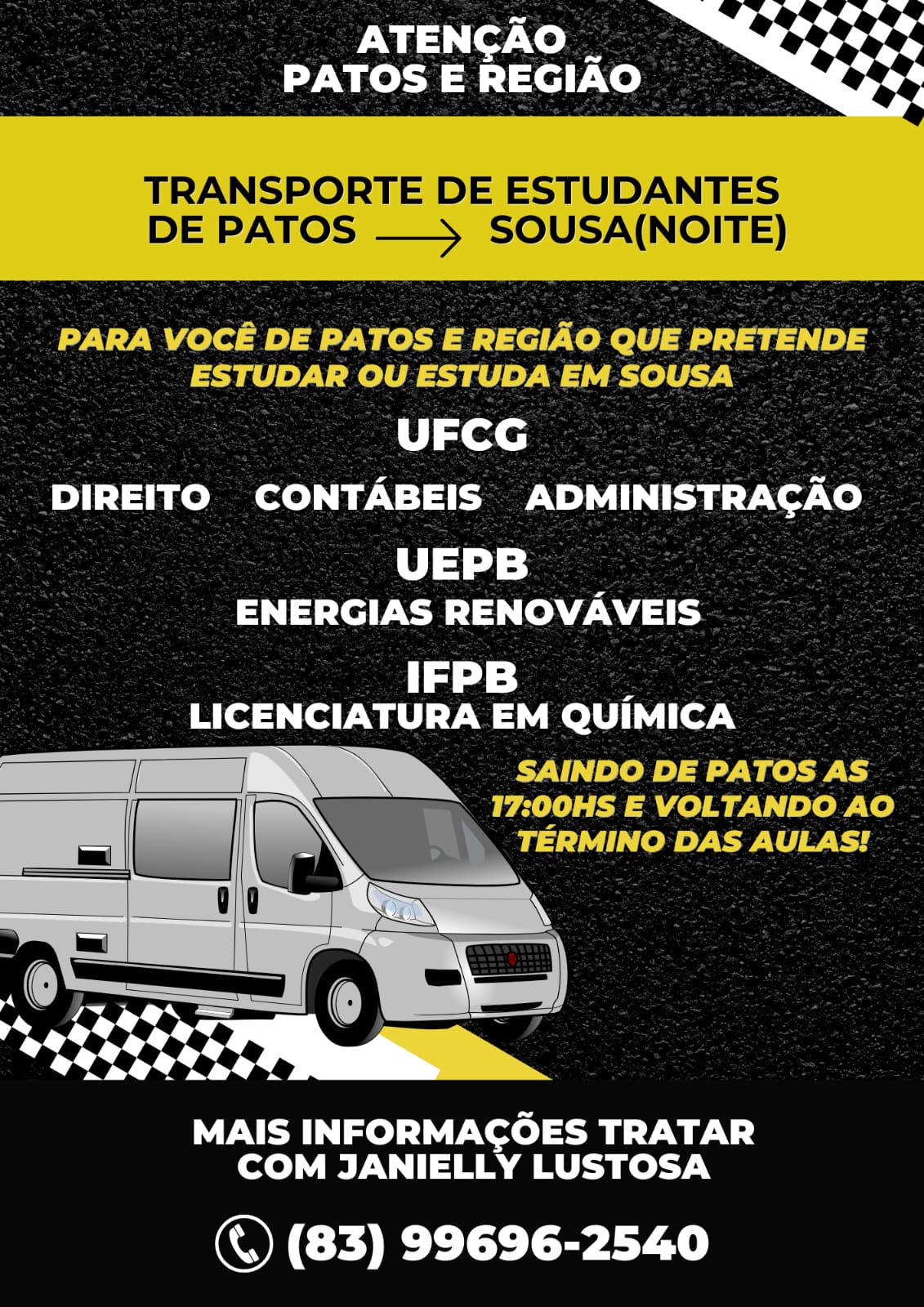 Van tem vagas disponíveis para transporte universitário de Patos até Sousa; confira