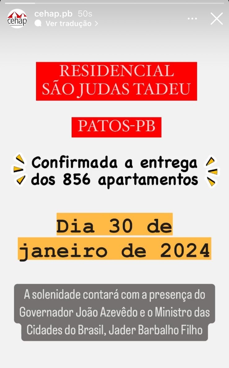 Sem Lula: CEHAP confirma entrega do Residencial São Judas Tadeu, em Patos, para a próxima terça (30), com presença do Ministro das Cidades