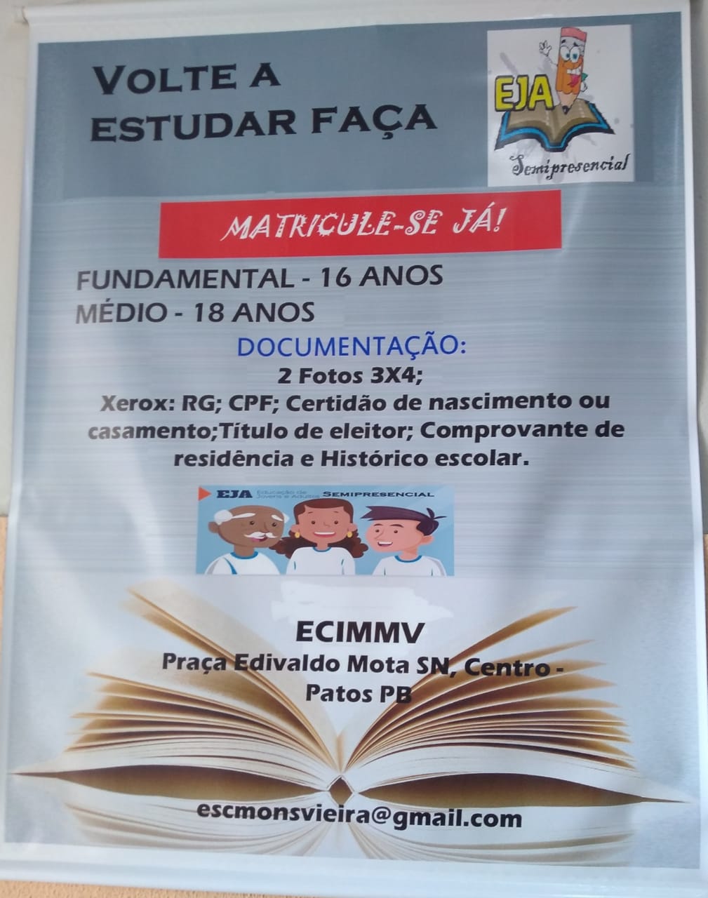 ECI Monsenhor Manoel Vieira está com plantão de matrículas aberto para a modalidade EJA Semipresencial até esta sexta-feira (26)