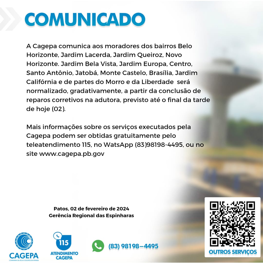 Cagepa informa prazo para retomada do abastecimento em bairros de Patos; confira comunicado