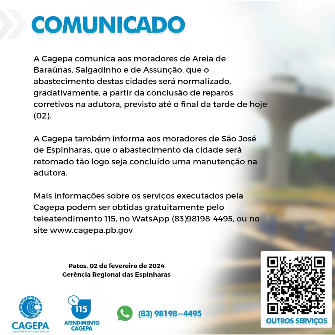 Cagepa comunica prazo para retomada do abastecimento em Areia de Baraúnas, Salgadinho, Assunção e São José de Espinharas
