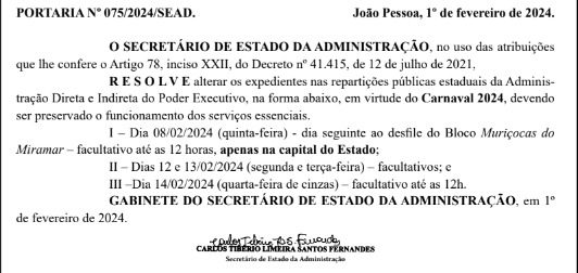 Governo da Paraíba define expediente para o Carnaval 2024 e estabelece ponto facultativo para servidores estaduais