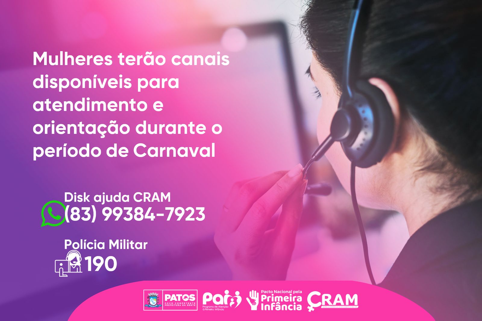 Mulheres terão canais disponíveis para atendimento e orientação durante o período de Carnaval