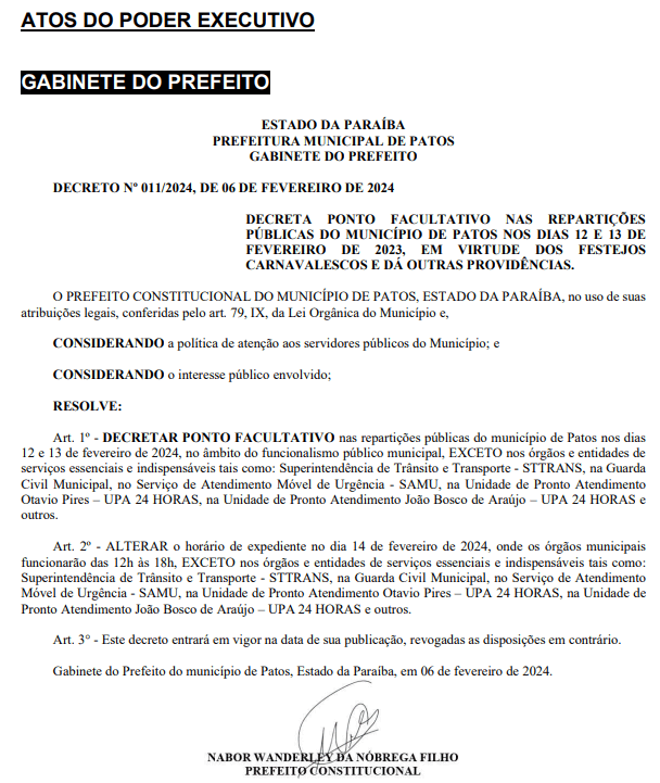Prefeitura de Patos decreta ponto facultativo e altera expediente para festejos carnavalescos