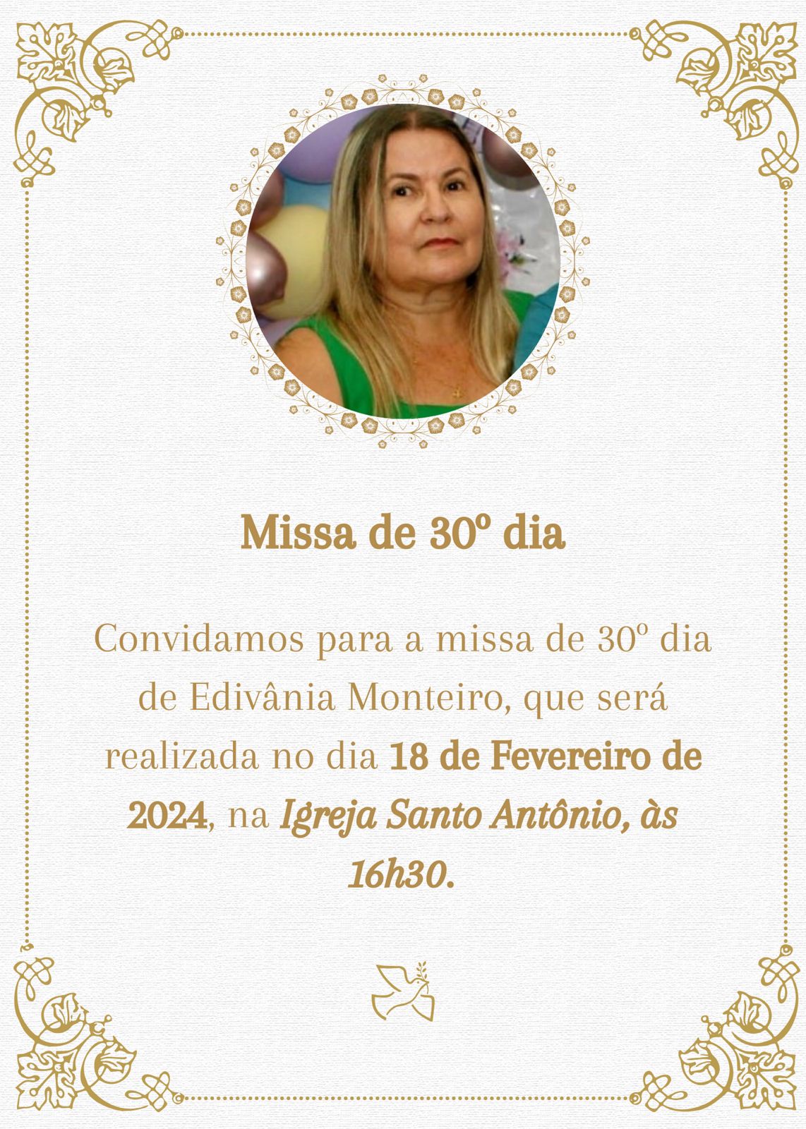 Familiares convidam parentes e amigos para missa de 30º dia da senhora Edivânia Monteiro neste domingo (18), em Patos