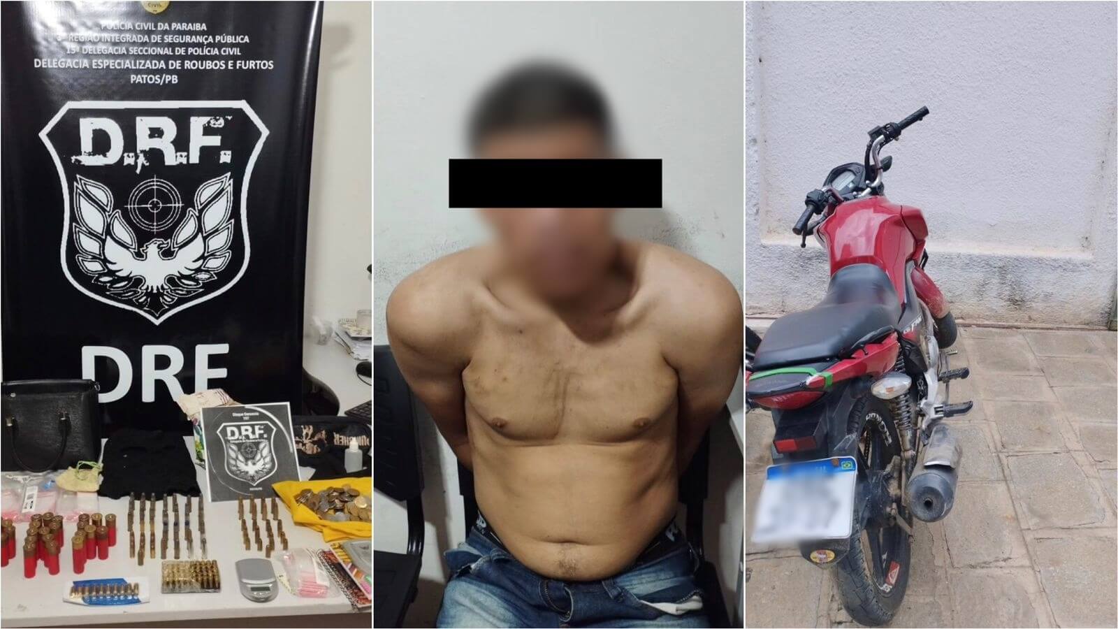 PM prende suspeito envolvido em assalto no bairro Mutirão, e DRF apreende moto utilizada na ação e desarticula ponto de apoio para crimes em Patos