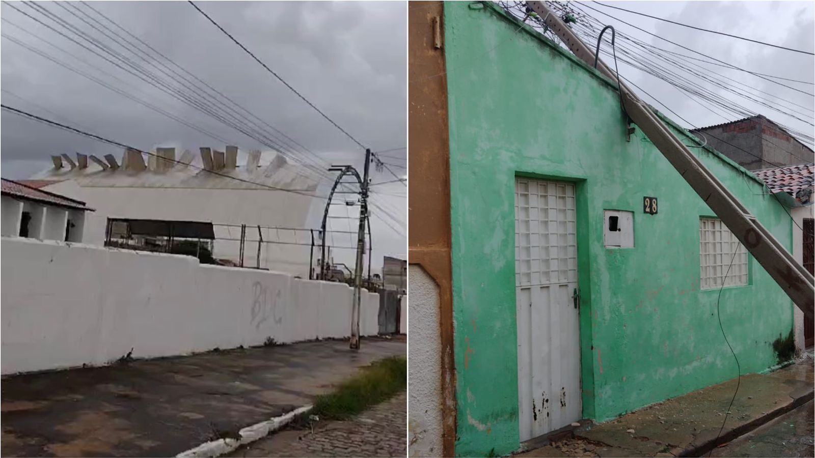 Estragos: Poste cai sobre casa, e parte de cobertura de ginásio da Escola Coriolano de Medeiros é arrancada durante chuva com ventos em Patos
