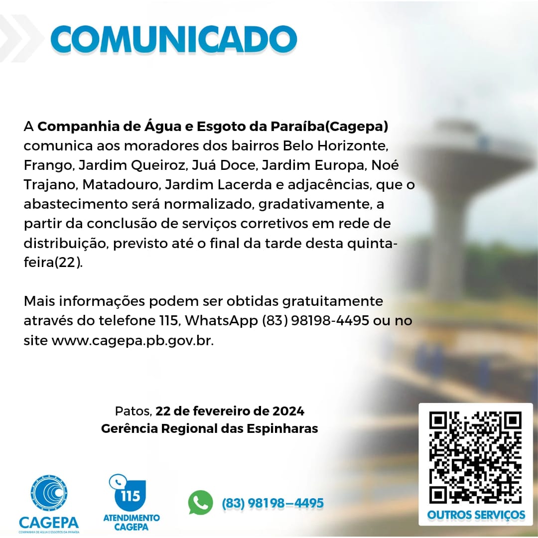 Cagepa comunica prazo para retomada do abastecimento em alguns bairros de Patos; confira