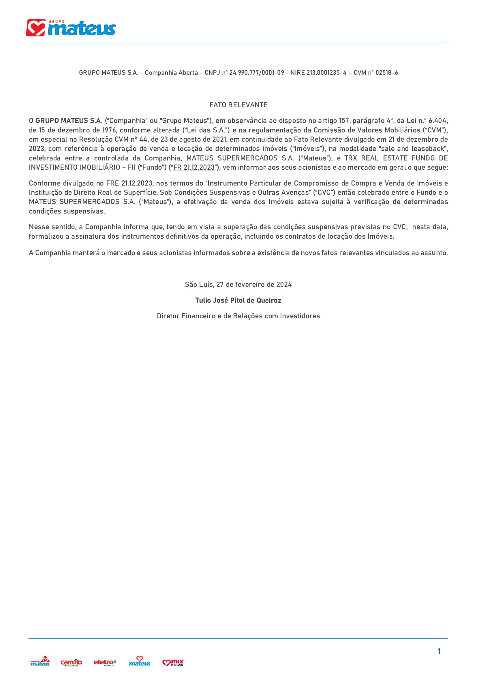 Grupo Mateus conclui venda de prédio da unidade de Patos e outros imóveis por R$ 234,7 milhões para fundo imobiliário; espaço segue em funcionamento