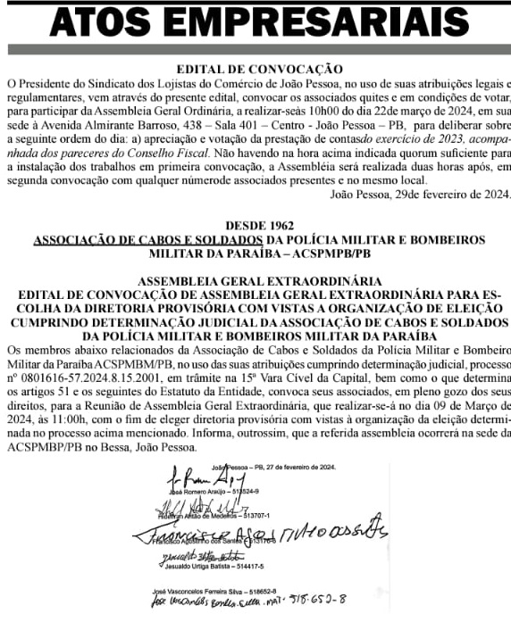 Associação de Cabos e Soldados da Polícia Militar e Bombeiros da Paraíba convoca reunião para tratar formação da nova diretoria