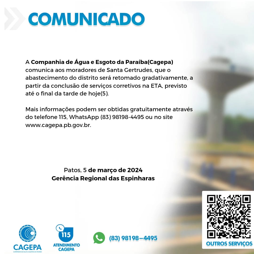 Cagepa comunica prazo para retomada do abastecimento no distrito de Santa Gertrudes