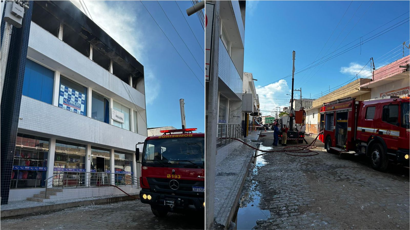 Após várias horas de trabalho, Corpo de Bombeiros consegue combater incêndio em prédio comercial na cidade de Pombal