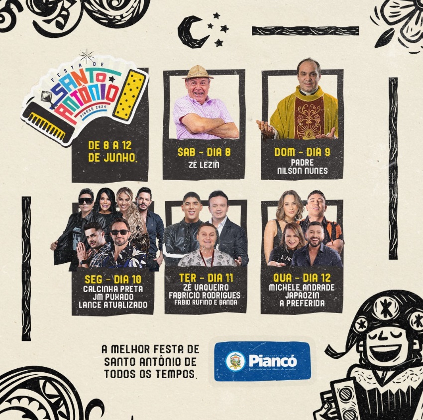 Zé Vaqueiro, Calcinha Preta, Michele Andrade e Japãozin são algumas das atrações da Festa de Santo Antônio em Piancó
