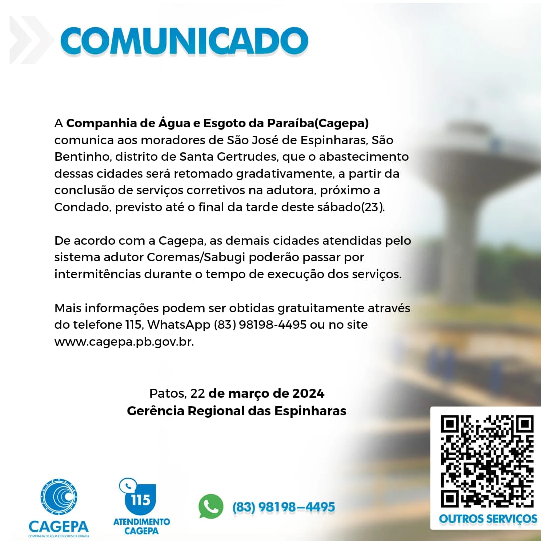 Cagepa informa prazo para retomada do abastecimento em São José de Espinharas, São Bentinho e Santa Gertrudes