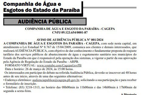Cagepa convoca audiência para discutir reajuste nas contas de água e esgoto na Paraíba