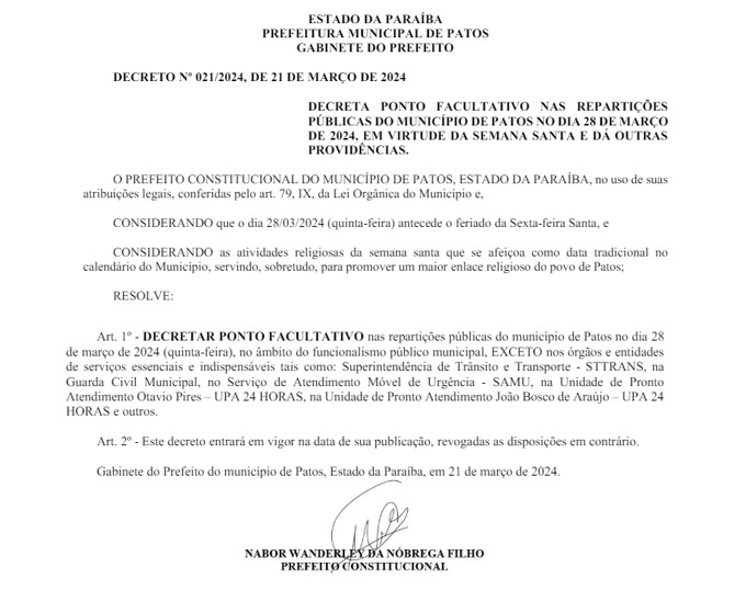 Prefeitura de Patos decreta ponto facultativo na quinta-feira (28), em virtude da Semana Santa