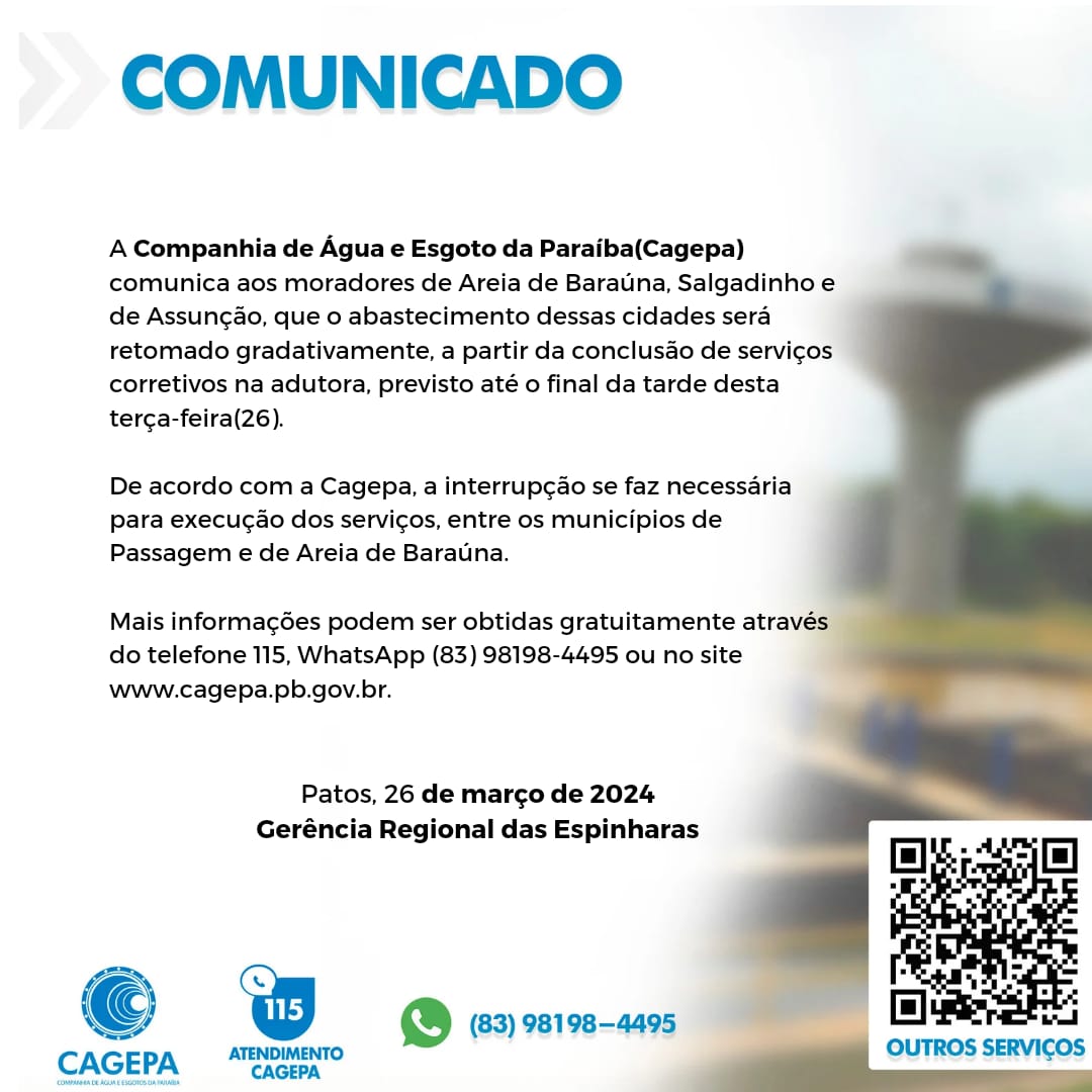 Cagepa comunica interrupção no abastecimento em Areia de Baraúnas, Salgadinho e Assunção, e informa prazo para retomada do serviço
