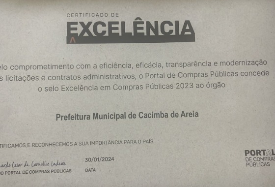 Selo de Excelência: Cacimba de Areia recebe certificado de reconhecimento pela transparência em contratos e licitações 