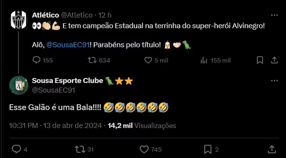 Atlético-MG parabeniza Sousa, algoz do Cruzeiro na Copa do Brasil, pela conquista do título paraibano