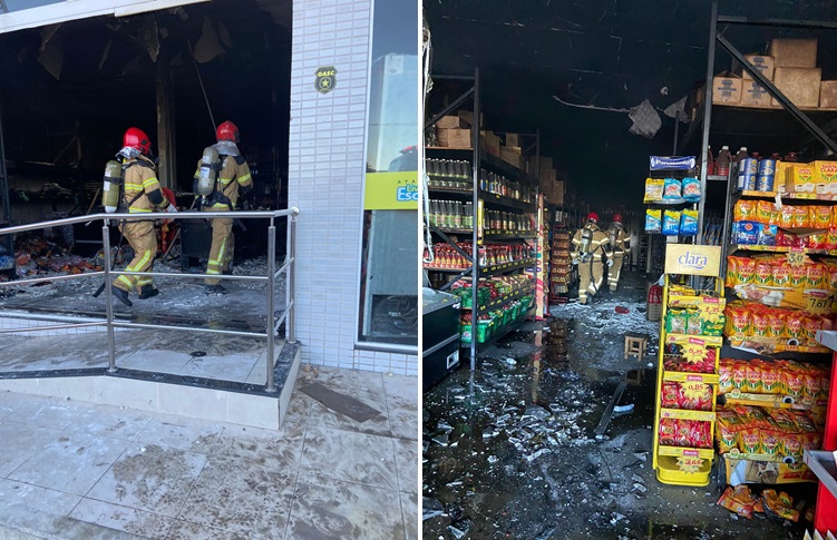 Incêndio de grandes proporções atinge supermercado em São Bento e é controlado pelos Bombeiros