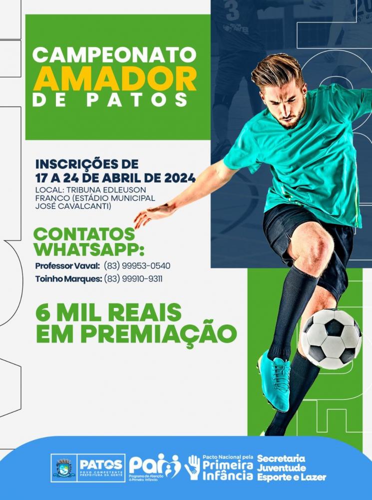 Inscrições abertas para o Campeonato Amador de Futebol em Patos com premiação em dinheiro