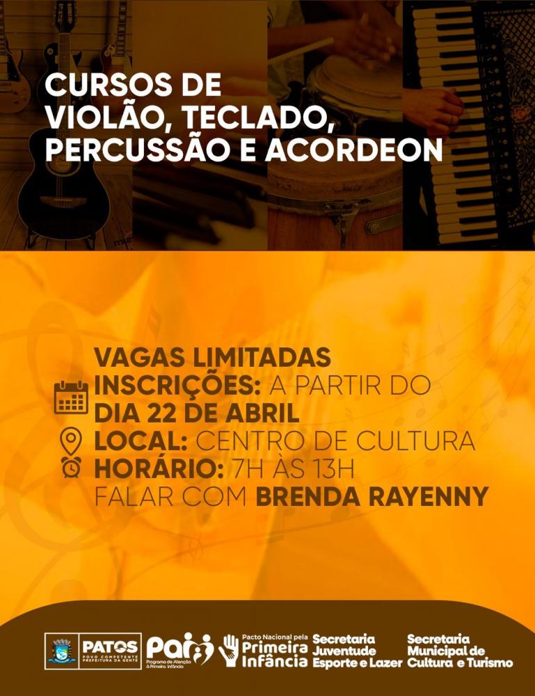 Novas vagas para cursos musicais gratuitos em Patos: violão, teclado, percussão e acordeon