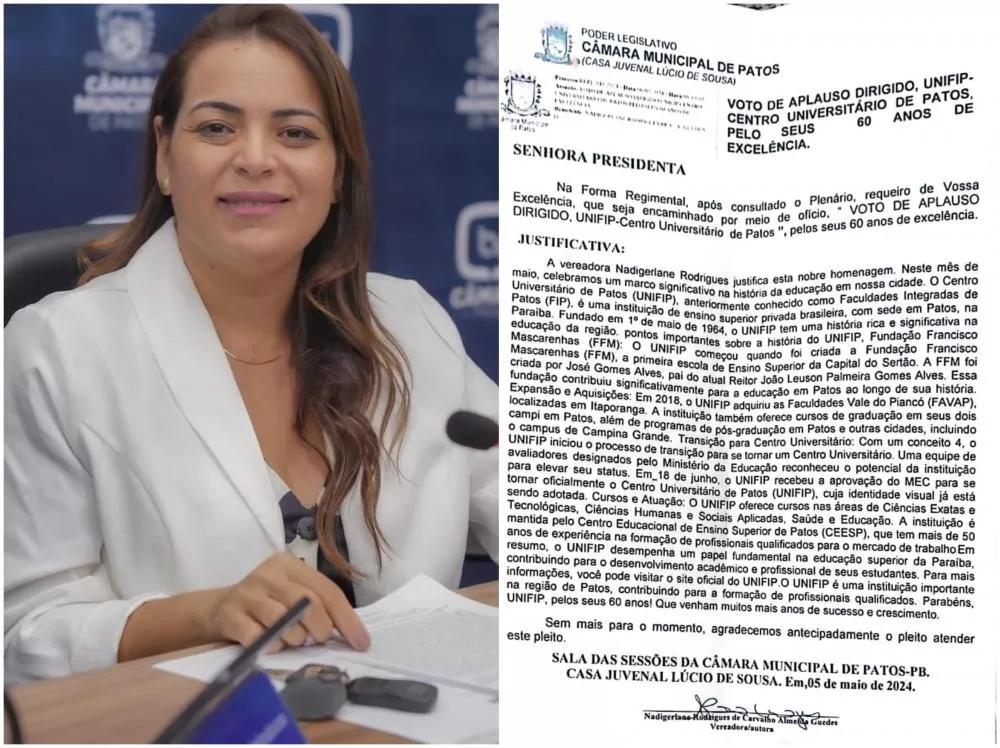 Vereadora Nadirgerlane destaca contribuição do UNIFIP para Patos e região durante sessão ordinária na última terça-feira (14)