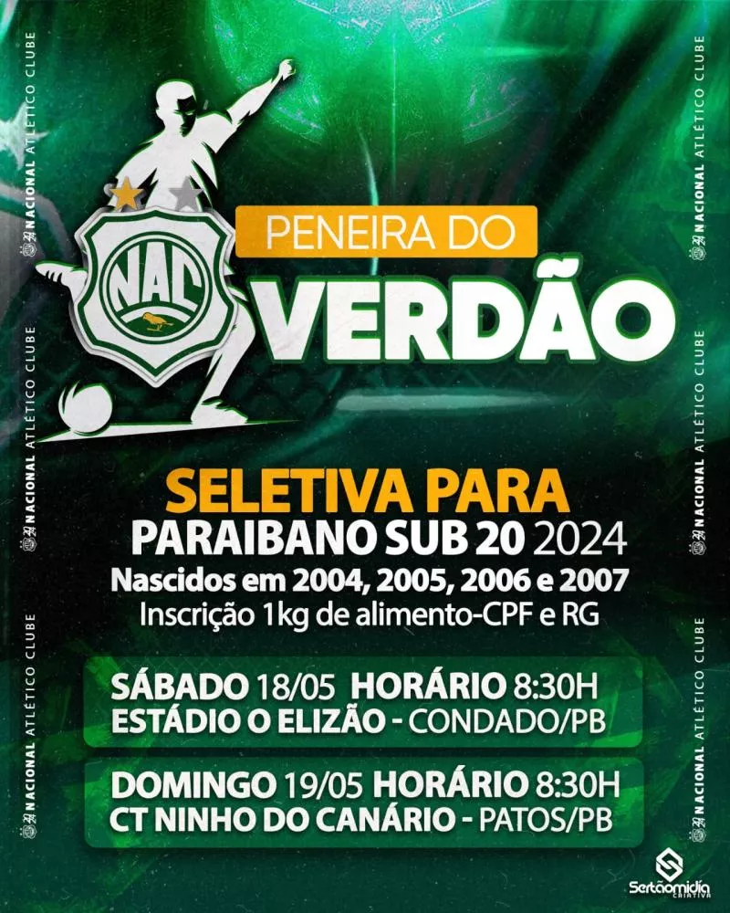 Nacional realizará seletiva para o Paraibano Sub-20 em Condado e Patos neste final de semana