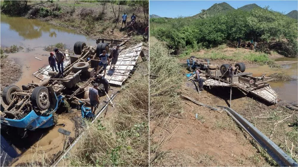 Motorista fica ferido após caminhão boiadeiro capotar na PB-276, entre São José do Bonfim e Mãe d'Água