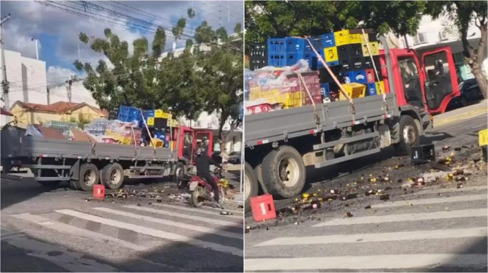 Carga de bebidas cai de caminhão ao passar por rotatória no centro de Patos