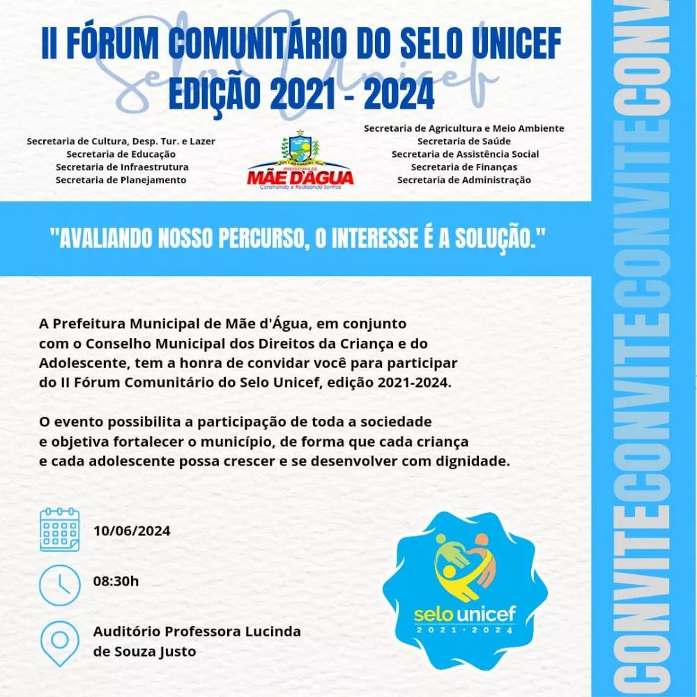 Mãe D’água realiza II Fórum Comunitário do Selo Unicef no dia 10 de junho